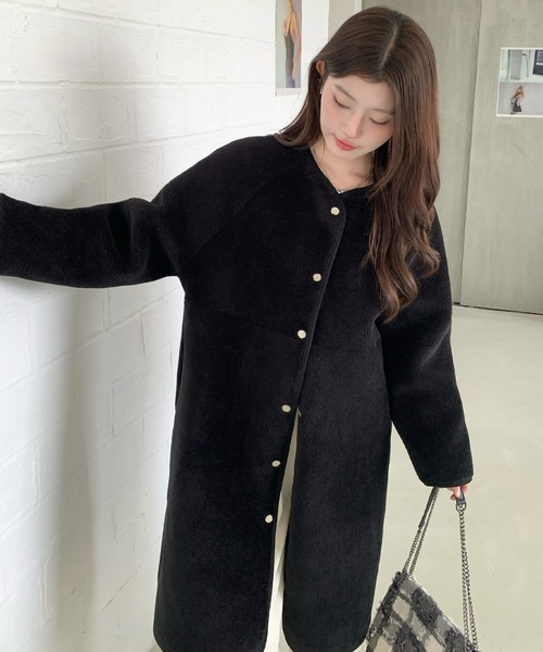 スペイン購入　リバーシブルロングコート リバーシブル】ウールナイロン リバーチェック ノーカラー ロング