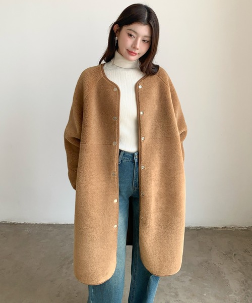 スペイン購入　リバーシブルロングコート リバーシブル】ウールナイロン リバーチェック ノーカラー ロング