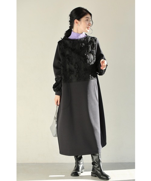 cawaii ワンピース （黒）黒花レリーフのゆるやかコクーンシルエット