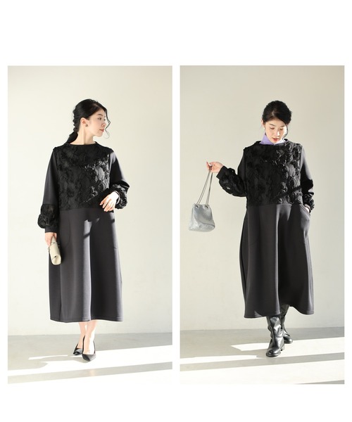 再入荷11月24日 （黒）黒花レリーフのゆるやかコクーンシルエットミディアムワンピース cawaii wkj00233 S~3L対応 ブラック 日常使い オケージョン セレモニー 体型カバー レース ゆったり レディース ファッション 大人 ママ ミセス 30代 40代 50代 60代 cawaii ワンピース （黒）黒花レリーフのゆるやかコクーンシルエット