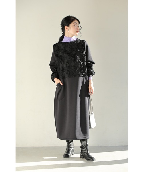 cawaii ワンピース （黒）黒花レリーフのゆるやかコクーンシルエット