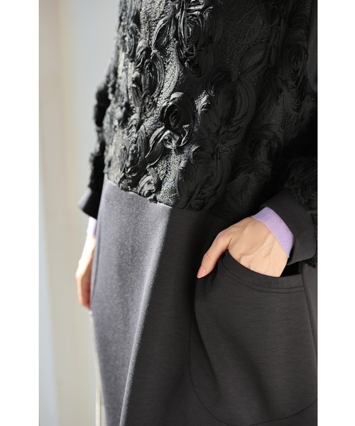 cawaii ワンピース （黒）黒花レリーフのゆるやかコクーンシルエット