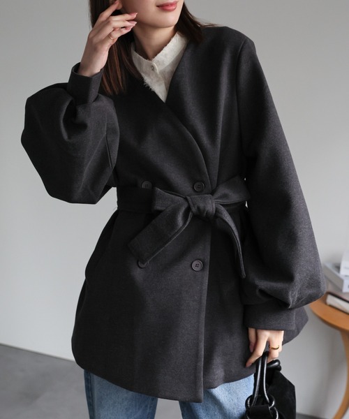 【★新品】BEAUTY&YOUTH SP120フレアノーカラーコート 黒　M sakishimatokyo ノーカラーコート コート ボリュームスリーブフレア