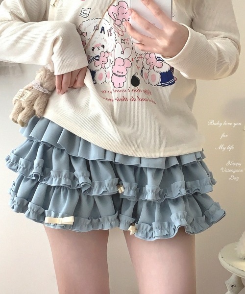 OPEN AESTHETICライトブルー ミニスカート ショットパンツ付きy2k gossip!ロサンゼルス パンツ 「Y2Kガーリー」ティアードバルーン