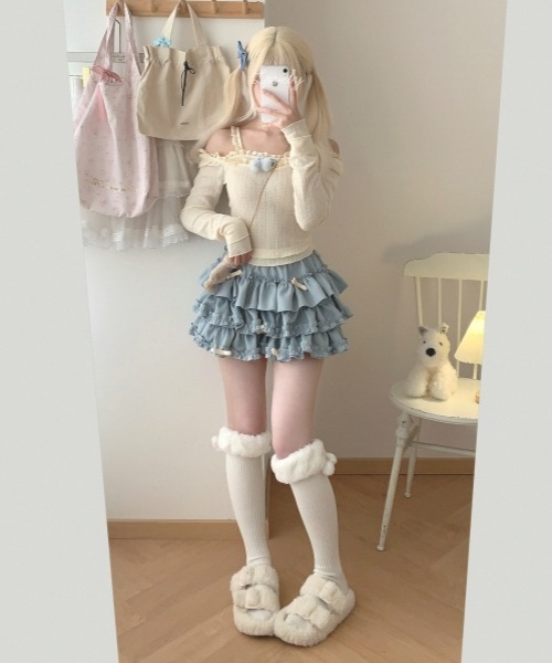 OPEN AESTHETICライトブルー ミニスカート ショットパンツ付きy2k gossip!ロサンゼルス パンツ 「Y2Kガーリー」ティアードバルーン