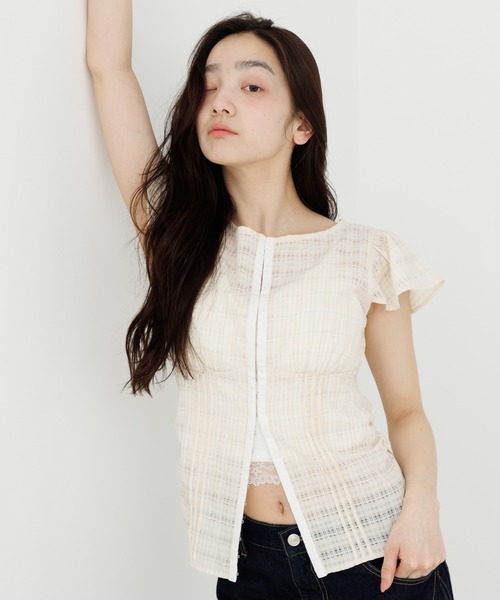 ブラウス シャツ 半袖 front hook ruffle shoulder tops（フロント 