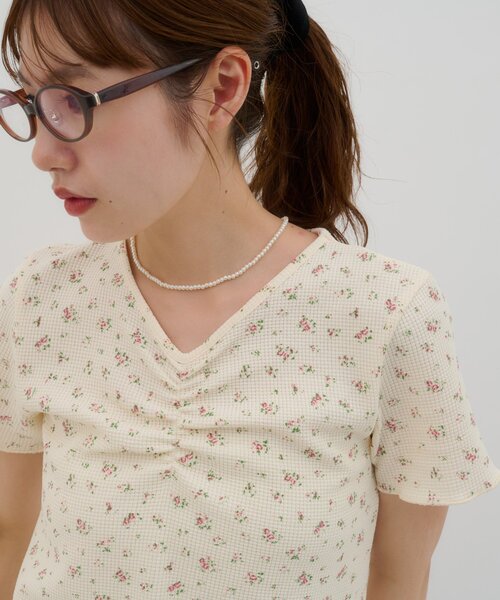 D&G 花柄 半袖トップス 24/38 Discoat（ディスコート） tシャツ 「umm.」胸ギャザー花柄ワッフル半袖