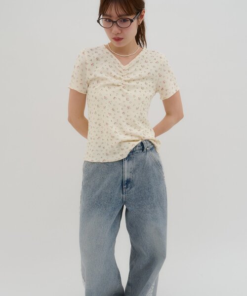 Discoat（ディスコート） tシャツ 「umm.」胸ギャザー花柄ワッフル半袖