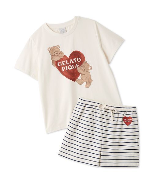 パジャマ 「JUNIOR」 「接触冷感」BEAR HEATワンポイントTシャツ＆ボーダーショートパンツセット キッズ 子供 男の子 女の子の画像