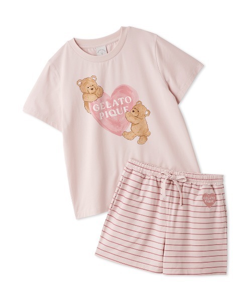 パジャマ 「JUNIOR」 「接触冷感」BEAR HEATワンポイントTシャツ＆ボーダーショートパンツセット キッズ 子供 男の子 女の子の画像