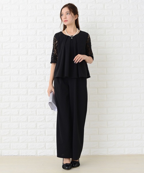 Lace Ladies パンツドレス 花柄レース袖ワイドパンツドレス