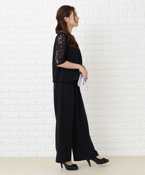 Lace Ladies パンツドレス 花柄レース袖ワイドパンツドレス