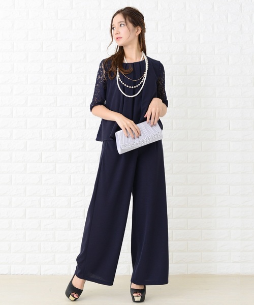 レースレディース Lace Ladies 花柄レース袖シンプルセットアップ・パンツドレス （Aネイビー） Lace Ladies パンツドレス 花柄レース袖シンプルセットアップ