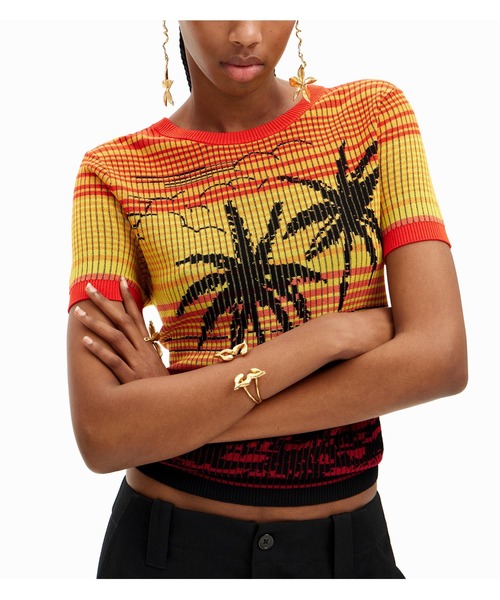 デシグアル Desigual パームツリー ニットTシャツ （オレンジ） Desigual tシャツ パームツリー ニットTシャツ レディース