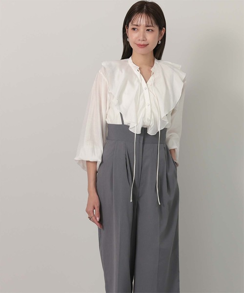 ブラウス シャツ 「速乾・洗える」BackSatinAmunzen ラッフルデザインブラウス レディース 洗える】BackSatinAmunzen 5分袖ラッフルデザインブラウス