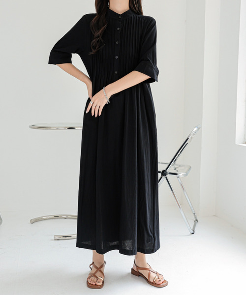 【美品】スタンドネックピンタックワンピース七分袖 スタンドネックピンタックワンピース七分袖 ライトグレーリネン - Sa