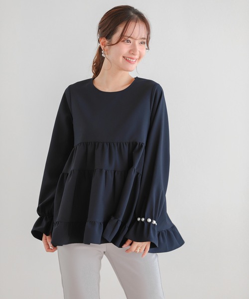 Fit more タックパール袖ティアードトップス レディース