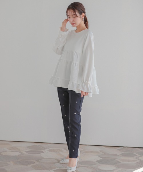 フィットモア　fitmore⭐︎ タックパール袖ティアードトップス　ホワイト タックパール袖ティアードトップス【宅配便】 | Fit more