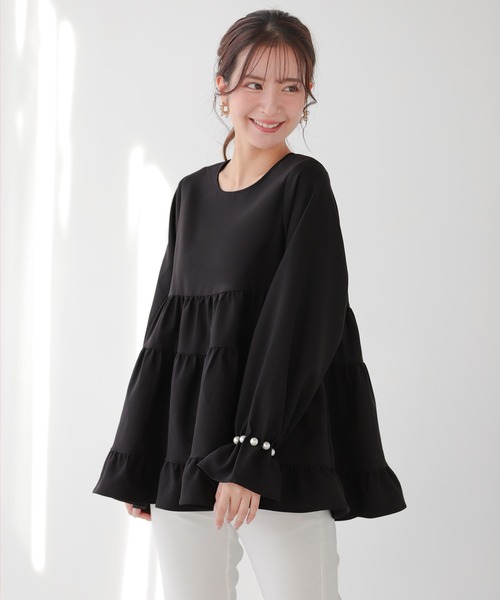 Fit more タックパール袖ティアードトップス レディース
