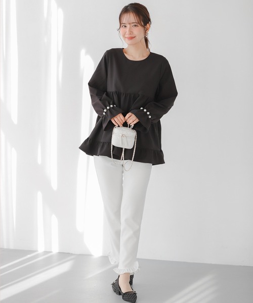 Fit more タックパール袖ティアードトップス レディース