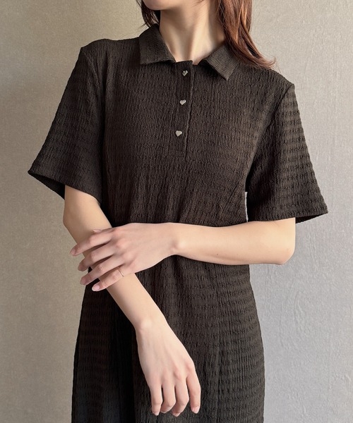 JUNOAH（ジュノア） ワンピース 半袖 ハートボタンストレッチ