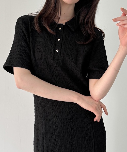 JUNOAH ワンピース ハートボタンストレッチジャガードポロ