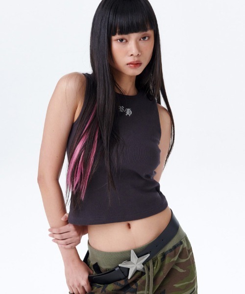 タンクトップ ノースリーブ A'GEM/9 × .kom 「runningHIGH/ランニングハイ」 GLITTER RH LOGO RACERBAC