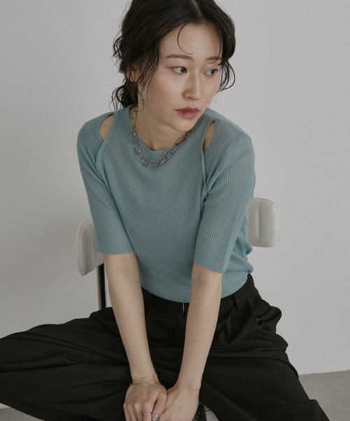 Aunt Marie's tシャツ カットアウトラメシアーハーフスリーブ