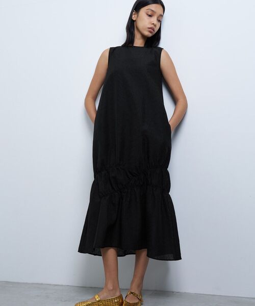 LANVIN en Bleu ワンピース シアージャガードギャザーヘムワンピース