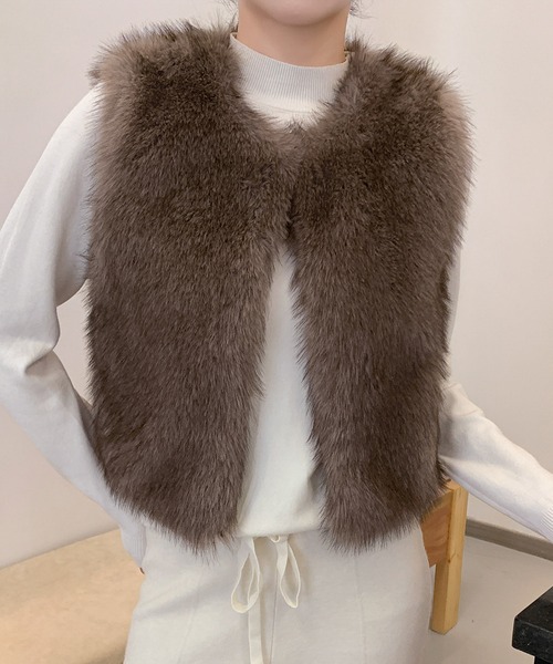 LOWO ベスト ジレ ファーベスト ショート丈 ファー 秋 冬 エコファー