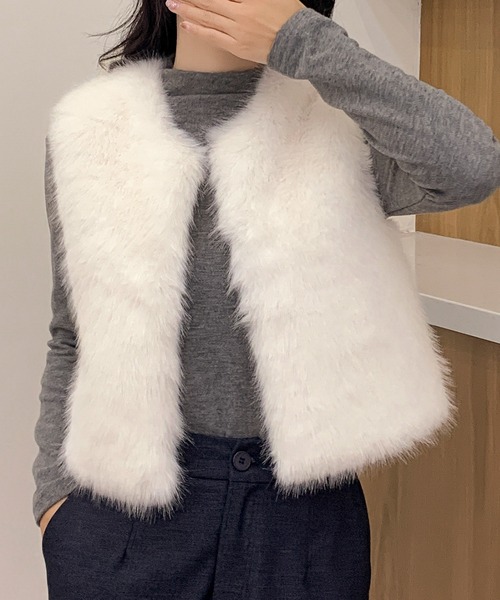 LOWO ベスト ジレ ファーベスト ショート丈 ファー ジレ 秋 冬