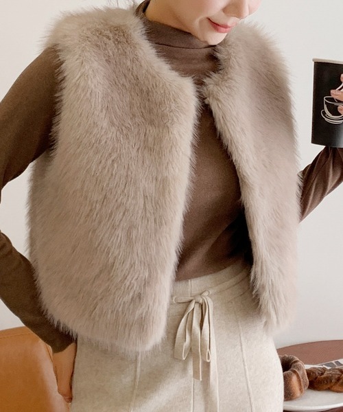 LOWO ベスト ジレ ファーベスト ショート丈 ファー ジレ 秋 冬