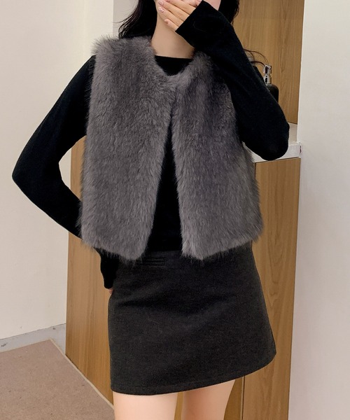 LOWO ベスト ジレ ファーベスト ショート丈 ファー ジレ 秋 冬