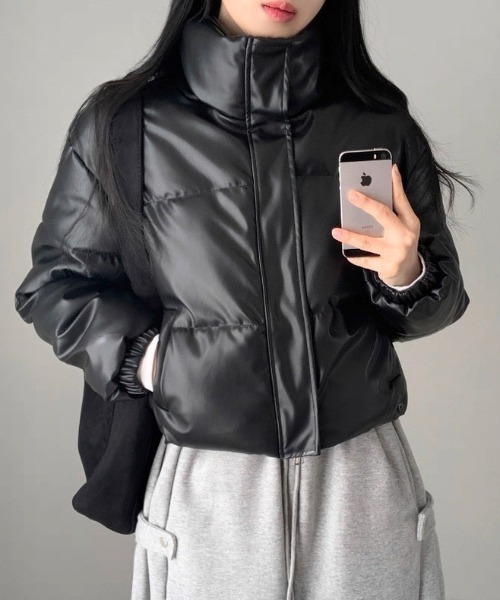 CELENA BEATS ダウンコート ダウンジャケット フェイクレザー ミドル