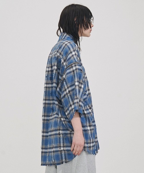 【新品未使用品】seesew レイヤードチェックシャツ SeeSew シャツ 「UNISEX」2-ZIP DAMAGE HS SHIRTS/2-ZIPダメージシャツ