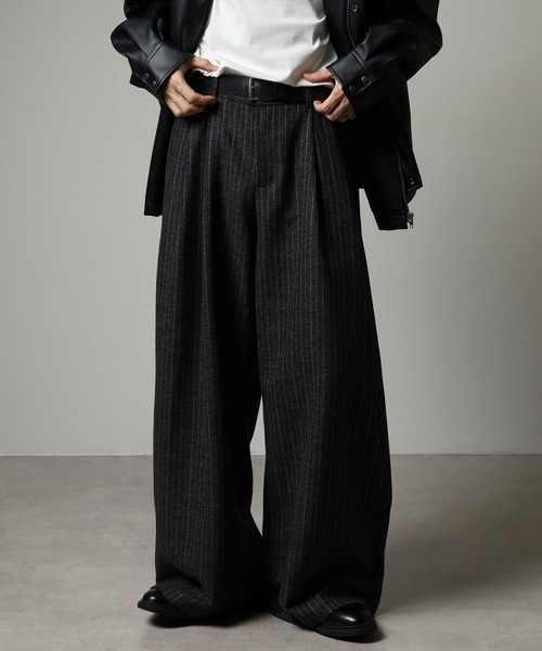 revertical スラックス パンツ ウールライクストライプワイドパンツ