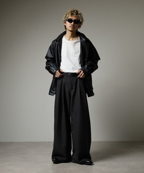 revertical スラックス パンツ ウールライクストライプワイドパンツ