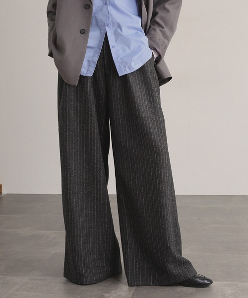 revertical スラックス パンツ ウールライクストライプワイドパンツ
