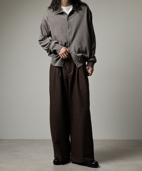 revertical スラックス パンツ ウールライクストライプワイドパンツ