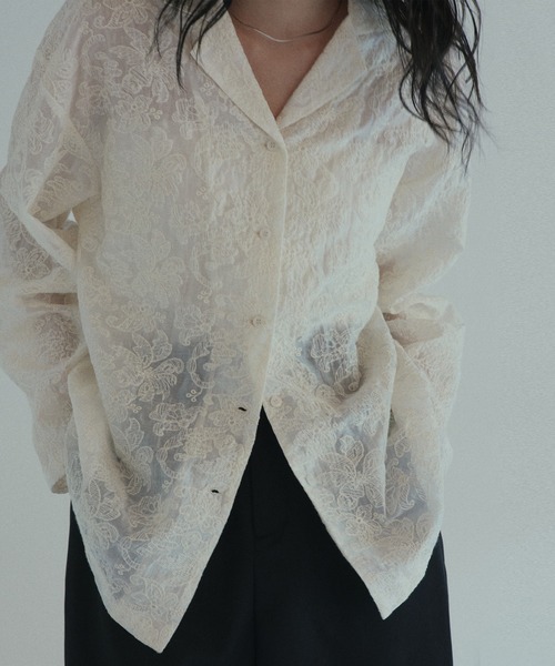 hellam（ヘラム） ブラウス シャツ 刺繍シアーオープンカラーシャツ