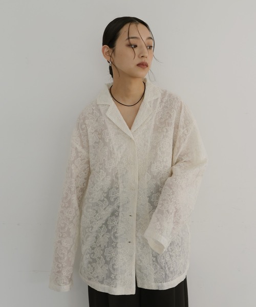 hellam（ヘラム） ブラウス シャツ 刺繍シアーオープンカラーシャツ