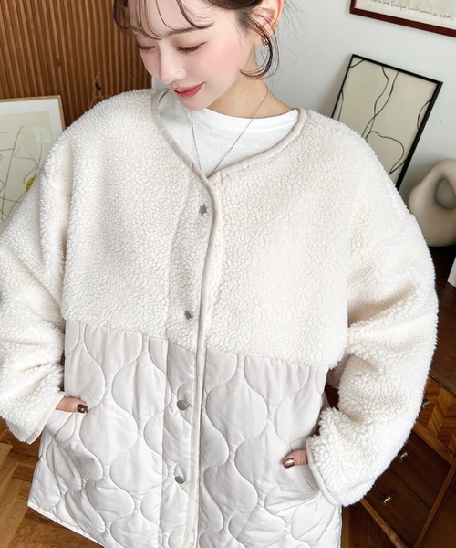 moment+ ジャケット ノーカラージャケット ボア切り替えキルティング