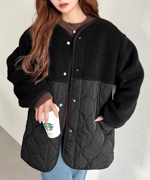 美品 アドーア ラムレザー キルティング ノーカラージャケット 黒 moment+ ジャケット ノーカラージャケット ボア切り替え波キルトノー