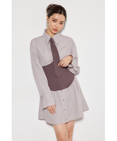 リボンタイコルセットシャツワンピース rienda コルセットデザインシャツワンピース WHT -ファッション