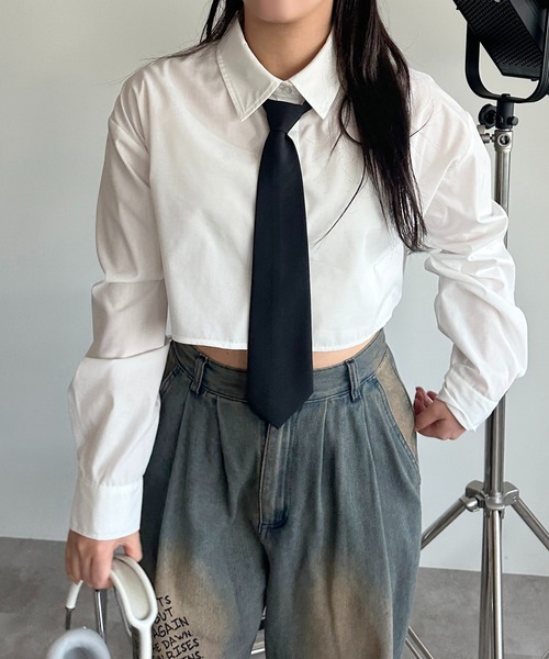ブラウス シャツ ネクタイ付きクロップドシャツ レディース メンズ apres jour mignon ブラウス シャツ ネクタイ付きクロップド