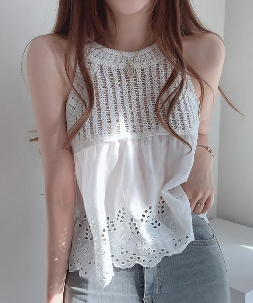 tシャツ カギ針×オーバーレースドッキングアメスリタンクトップ レディース
