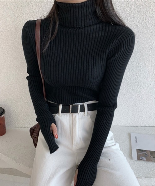 ニット セーター サムホール付き タートルネック トップス レディース