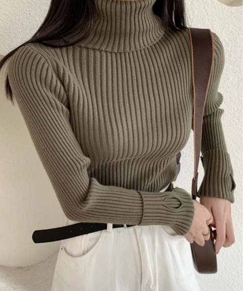ニット セーター サムホール付き タートルネック トップス レディース