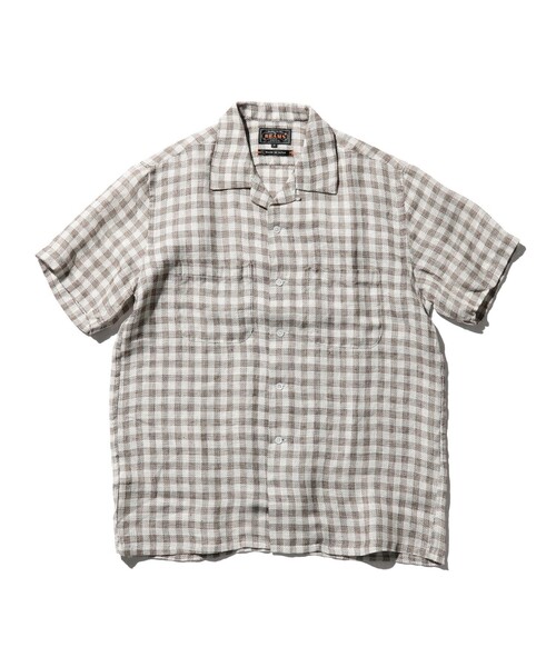 BEAMS+ シャツ チェック リネン パナマ オープンカラー メンズ