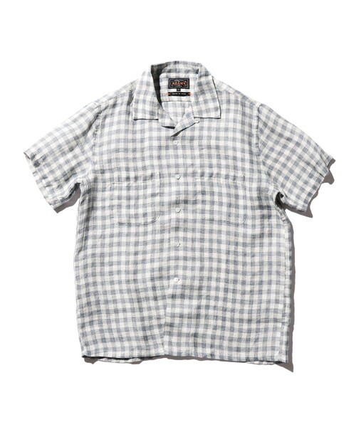 BEAMS+ シャツ チェック リネン パナマ オープンカラー メンズ